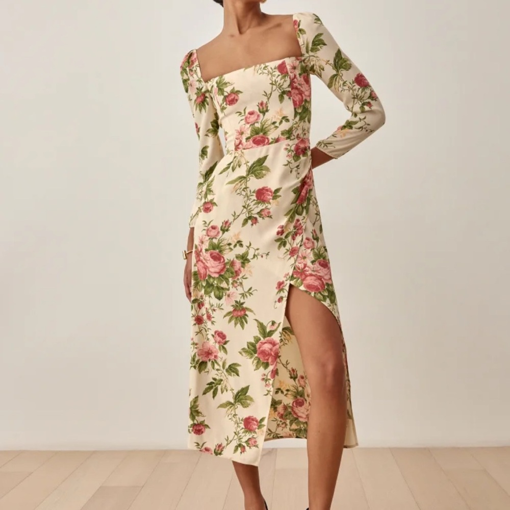 Reformation Hilda Dress in Jardin - Slit Midi Dress with Sleeves